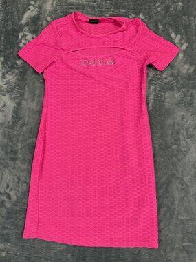 Bebe Pink Textured Short Sleeve Dress With Rhinestone Logo XL